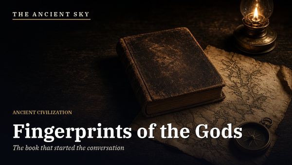 The Ancient Sky: Fingerprints of the Gods. A closed old book, an antique map and a brass compass by lamplight (AI-generated illustration).