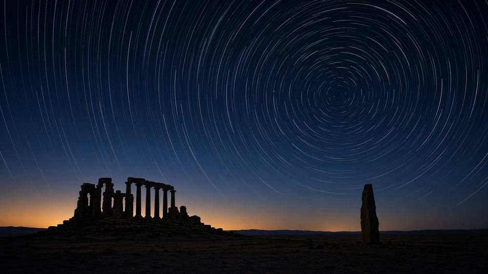Long-exposure star trails circling above the silhouette of an ancient temple ruin and a standing stone.