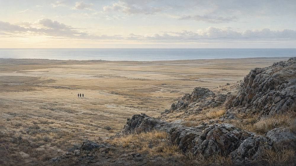 A broad grassy plain stretches to a distant sea beneath a pale morning sky, with three tiny figures far off.