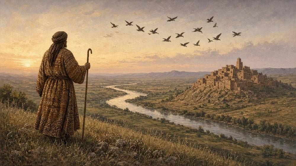 A robed figure with a staff stands on a hillside at dawn watching birds above a river valley and a distant mud-brick town.