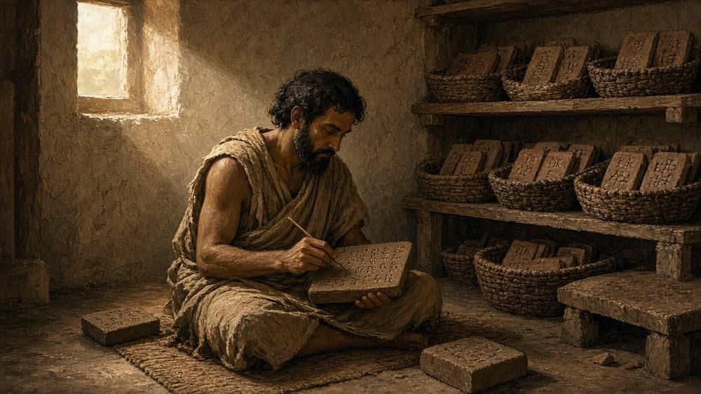 A seated scribe presses a reed stylus into a clay tablet in a dim mud-brick room with shelves of tablets behind him.
