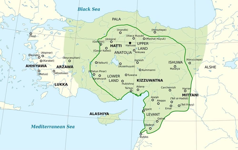 Map of Anatolia and the Near East with Hittite territory shaded.