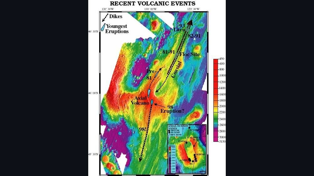 A color-coded depth map of the volcano's summit, with labels marking the locations of past eruptions and dikes.