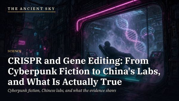 The Ancient Sky: CRISPR and gene editing, from cyberpunk fiction to China's labs. A neon-lit cyberpunk clinic with DNA helix holograms (AI-generated illustration).