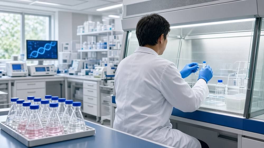 A technician in a white coat and blue gloves, seen from behind, holding a small vial inside a biosafety cabinet, with culture flasks and a DNA graphic on a monitor behind.