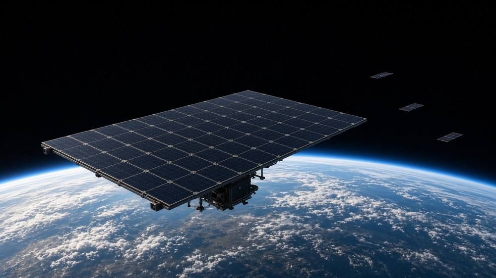 A large flat dark solar panel array floats above the curve of the Earth with a few smaller satellites in the distance.