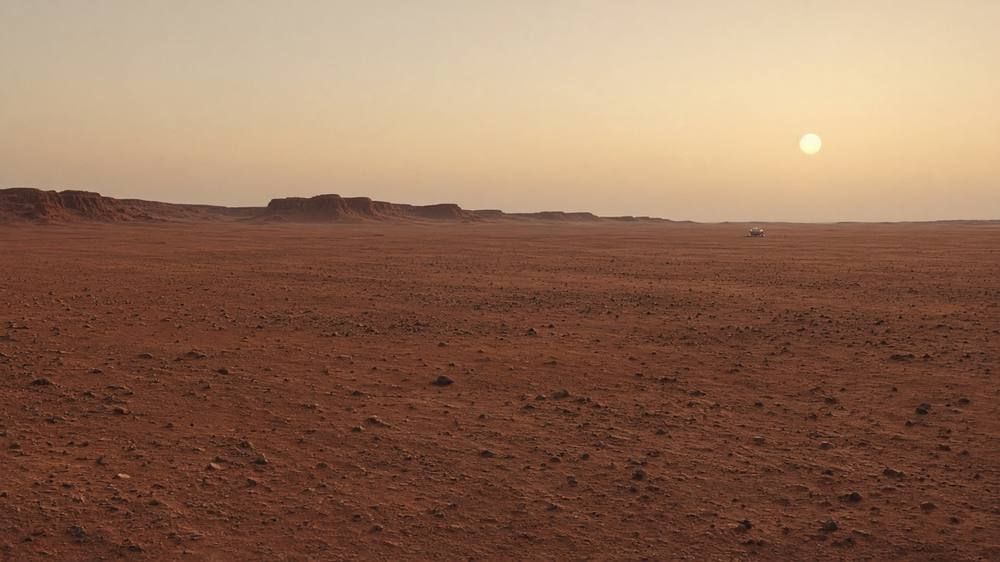 A rust-red desert plain with low mesas under a pale butterscotch sky and a small pale sun near the horizon.
