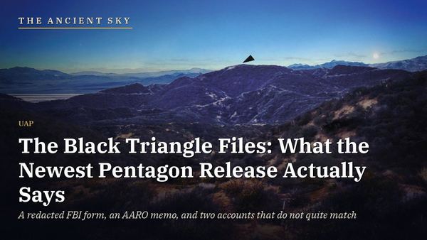 The Ancient Sky: The Black Triangle Files. A page from the FBI's released document showing a hillside at dusk with a small black triangle in the sky; the page appears to be a reconstruction.
