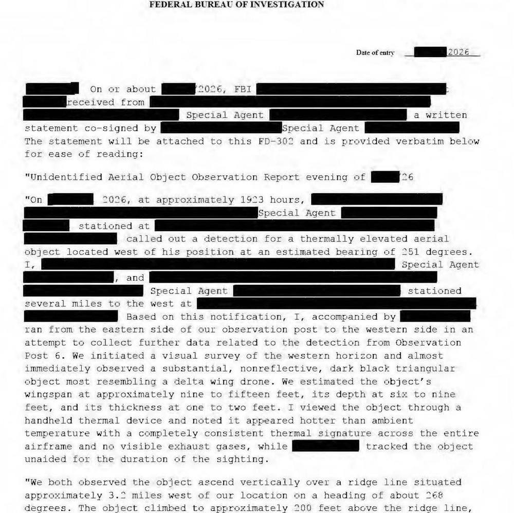 A typewritten FBI form with several black redaction bars, reading about a thermally elevated aerial object, a bearing of 251 degrees and a dark black triangular object resembling a delta wing drone.