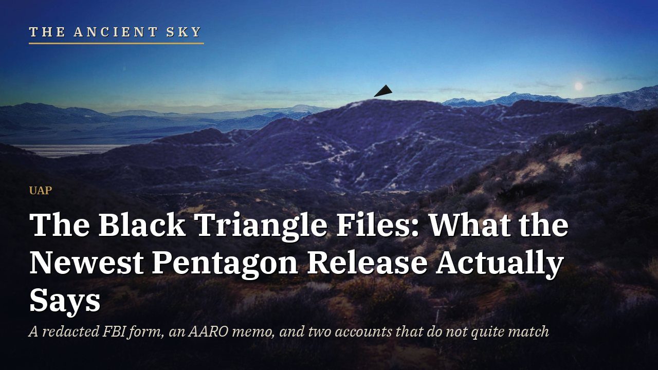 The Ancient Sky: The Black Triangle Files. A page from the FBI's released document showing a hillside at dusk with a small black triangle in the sky; the page appears to be a reconstruction.