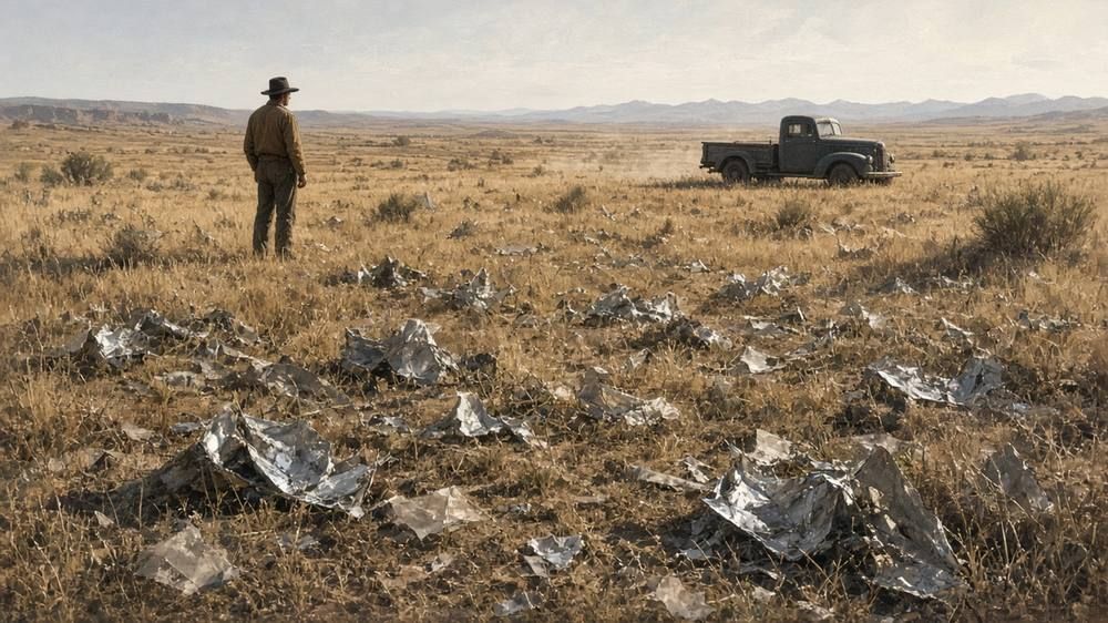 A rancher in a hat stands in dry grassland scattered with crumpled metallic foil, with an old pickup truck in the distance.