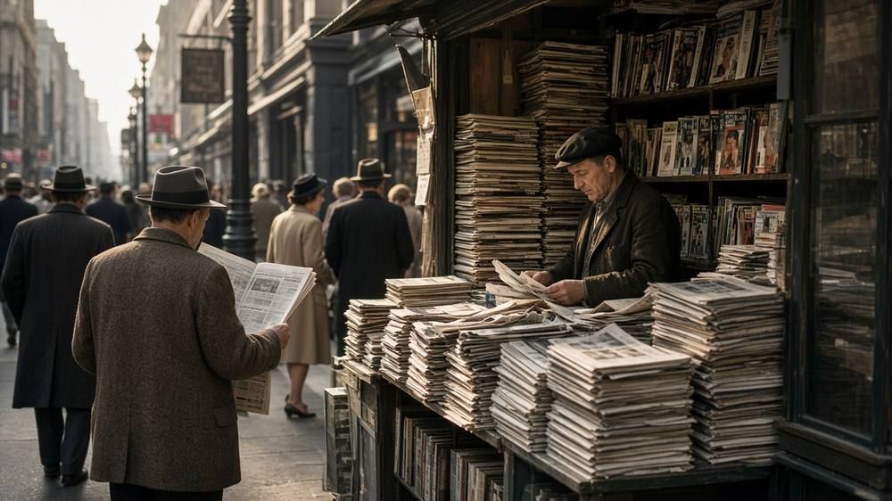 Men and women in 1940s coats and hats read newspapers at a busy street newsstand stacked with papers and magazines.